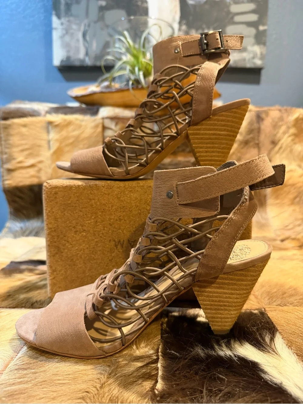 Vince Camuto Taupe Lace-Up Caged Open-Toe Heels